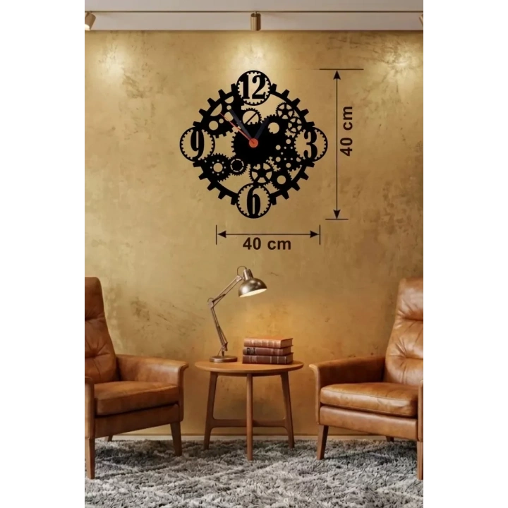 Mey İthalat® Mekanik Dişli Çark Tasarım Ahşap Duvar Saati - 40x40 cm Steampunk Dekor