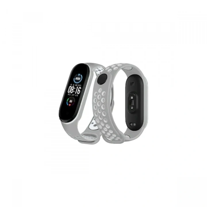 Mey İthalat®   Mi Band 6 Spor Delikli Kordon - Gri-Kırmızı