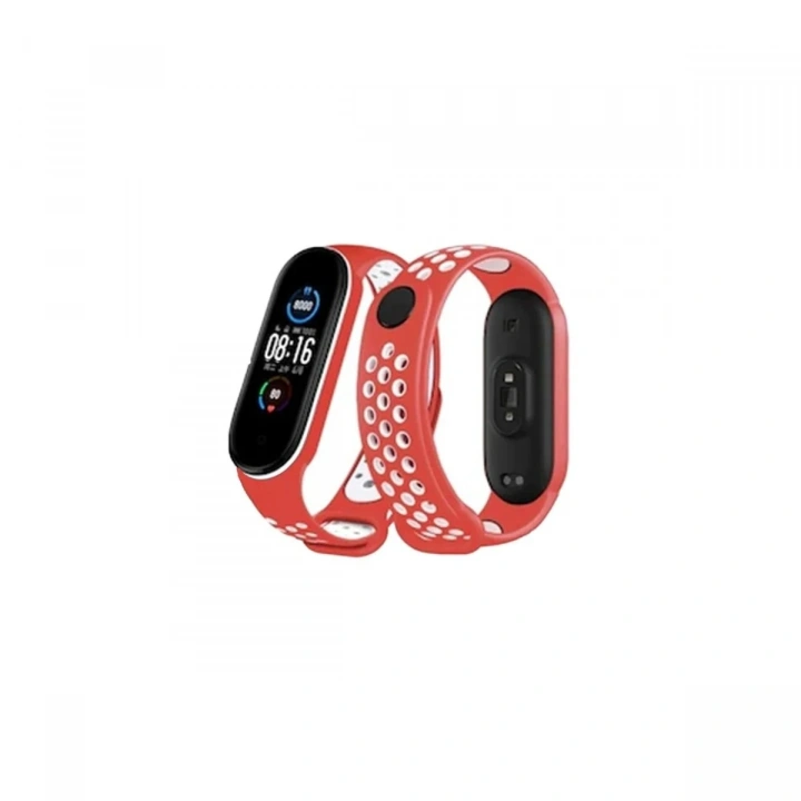 Mey İthalat®   Mi Band 6 Spor Delikli Kordon - Kırmızı-Beyaz