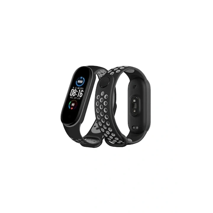 Mey İthalat®   Mi Band 6 Spor Delikli Kordon - Siyah-Gri