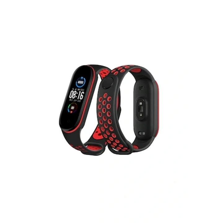 Mey İthalat®   Mi Band 6 Spor Delikli Kordon - Siyah-Kırmızı