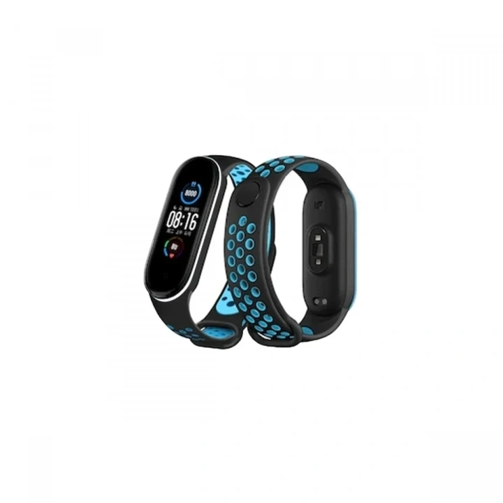 Mey İthalat®   Mi Band 6 Spor Delikli Kordon - Siyah-Mavi-Beyaz