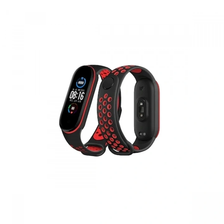 Mey İthalat®   Mi Band 7 Spor Delikli Kordon - Siyah-Kırmızı