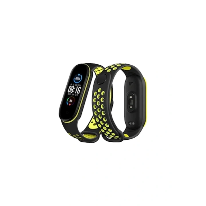 Mey İthalat®   Mi Band 7 Spor Delikli Kordon - Siyah-Yeşil