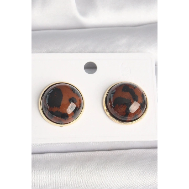 Mey İthalat® Pirinç Gold Renk 3D Daire Leopar Model Kadın Küpe