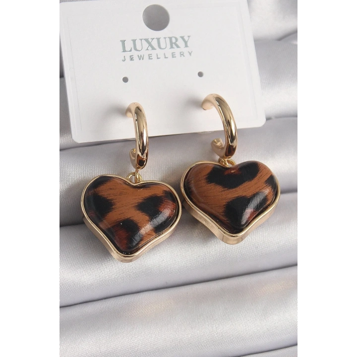 Mey İthalat® Pirinç Gold Renk 3D Kalp Leopar Desen Model Kadın Küpe