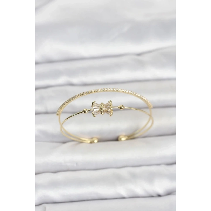 Mey İthalat® Pirinç Gold Renk Baget Zirkon Taşlı Objeli Kadın Bileklik