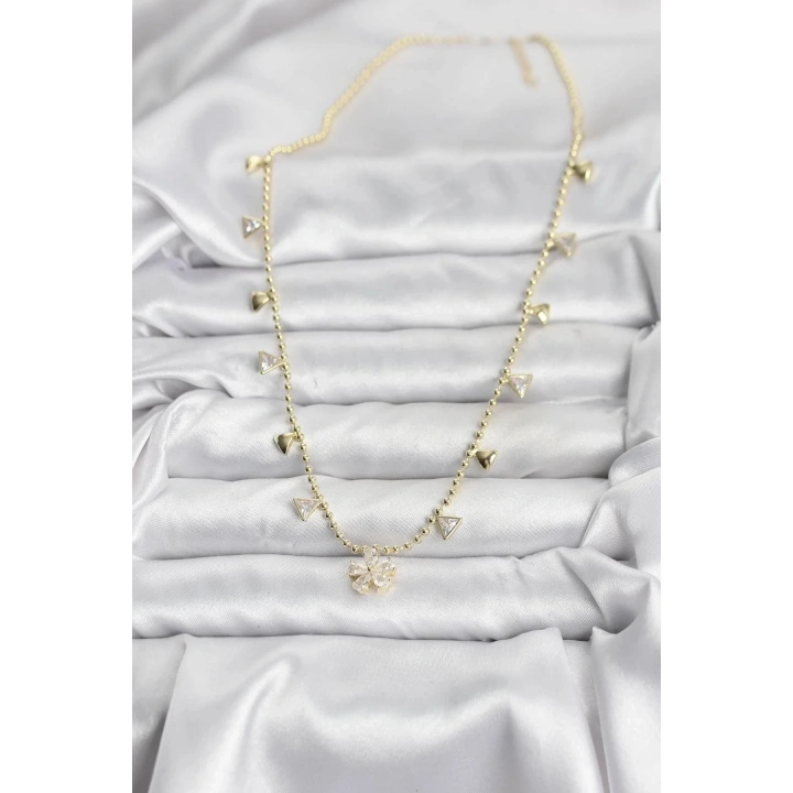 Mey İthalat® Pirinç Gold Renk Zirkon Taşlı Çiçek Model Kadın Kolye