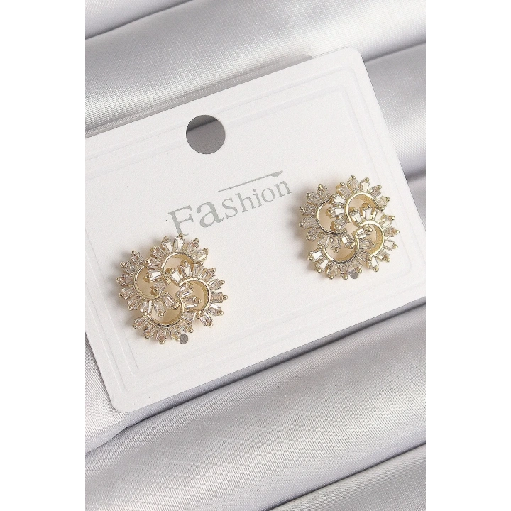 Mey İthalat® Pirinç Gold Renk Zirkon Taşlı Yonca Model Kadın Küpe