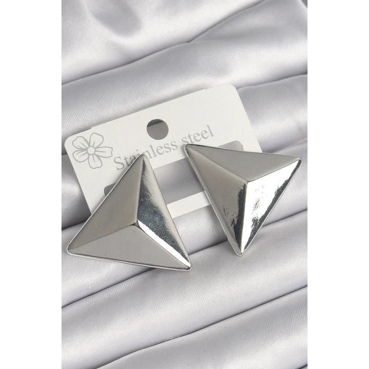 Mey İthalat® Pirinç Gümüş Renk 3D Üçgen Model Kadın Küpe