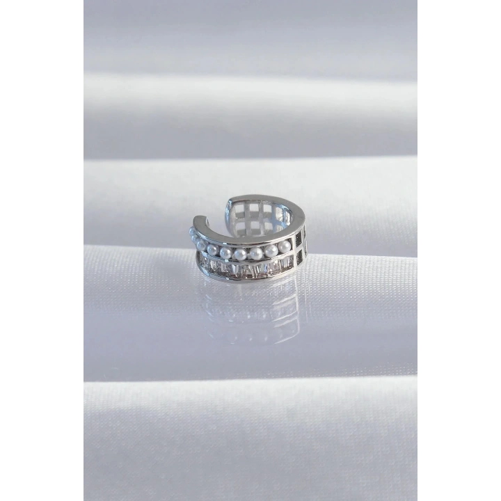Mey İthalat® Pirinç Gümüş Renk İncili Baget Taşlı Earcuff Küpe