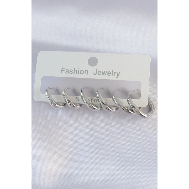 Mey İthalat® Pirinç Gümüş Renk Oval Küpe Seti