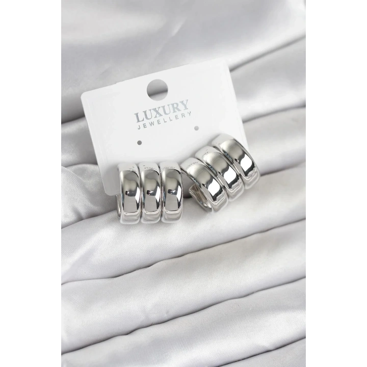 Mey İthalat® Pirinç Gümüş Renk Üçlü Görünüm Kadın Küpe