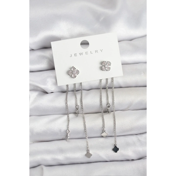 Mey İthalat® Pirinç Gümüş Renk Yonca Model Sallantılı Kadın Küpe