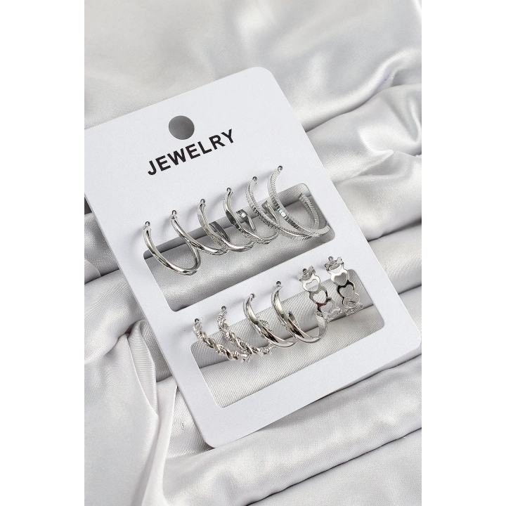 Mey İthalat® Pirinç Karışık Halka Model Gümüş Renk 6 Çift Kadın Küpe Set