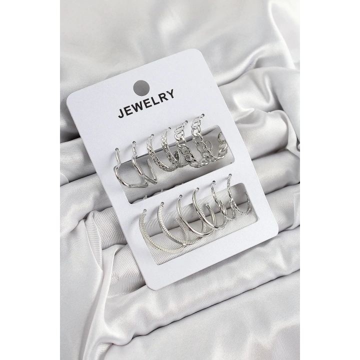 Mey İthalat® Pirinç Karışık Halka Model Gümüş Renk 6 Çift Kadın Küpe Set