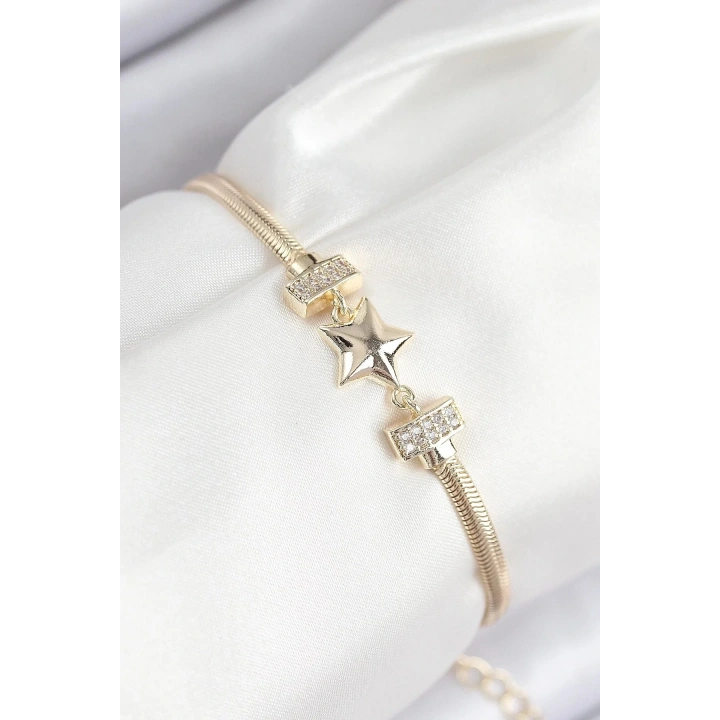 Mey İthalat® Pirinç Zirkon Taşlı Yıldız Model Gold Renk Kadın Bileklik