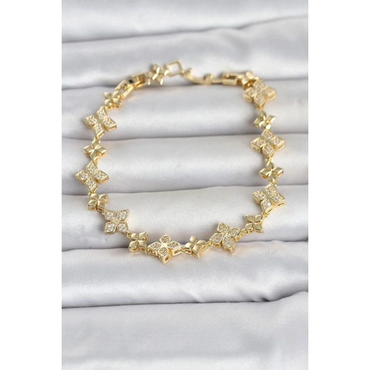 Mey İthalat® Pirinç Zirkon Taşlı Yonca Model Gold Renk Kadın Bileklik