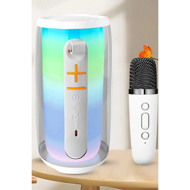 Mey İthalat®  Pluse 6 Mikrofonlu RGB Kablosuz Hoparlör - Beyaz