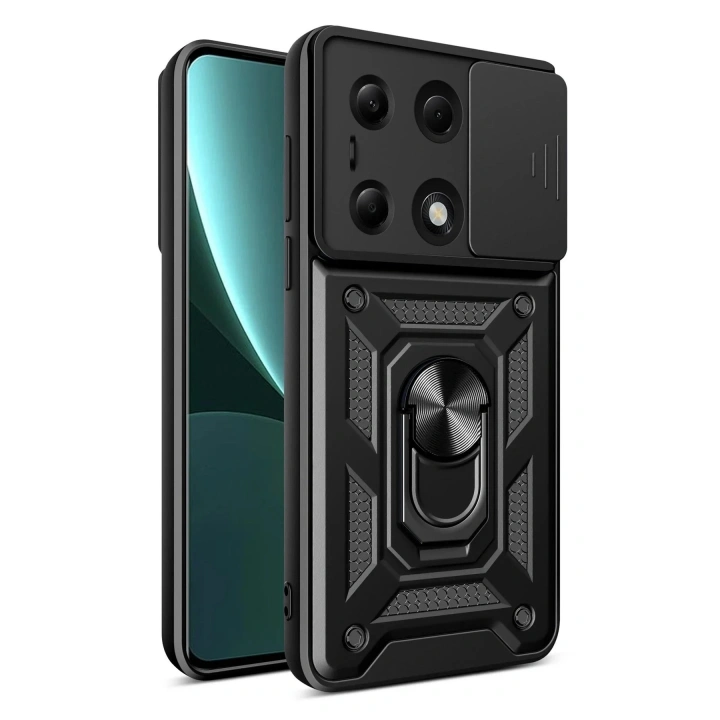 Mey İthalat®   Poco M6 Pro 4G Kılıf Pars Lens Yüzüklü Silikon - Siyah