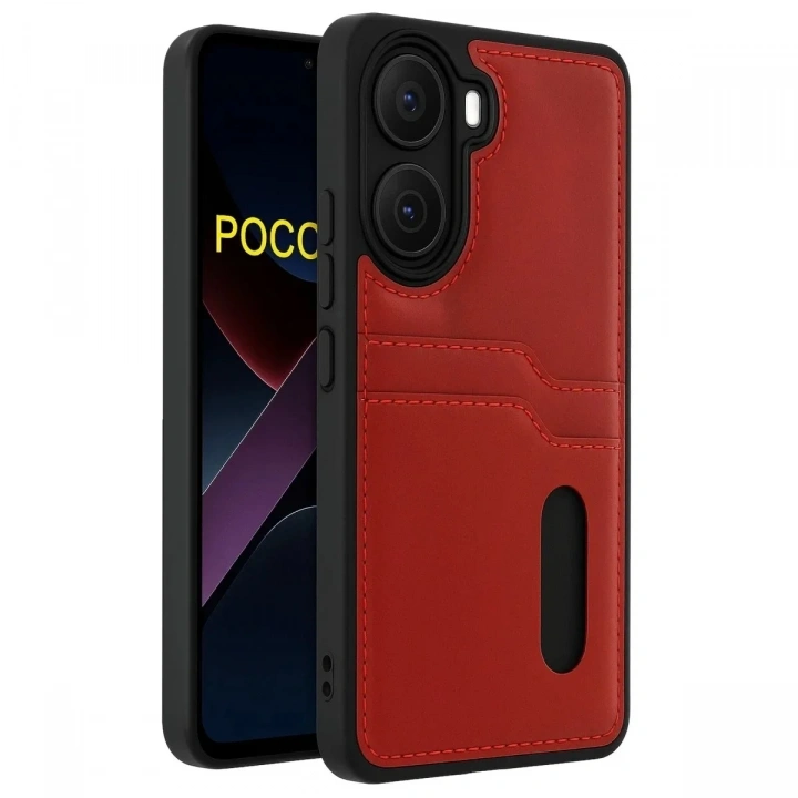 Mey İthalat®   Poco X7 Pro Kılıf Sara Kartvizitli Deri Kılıf - Kırmızı