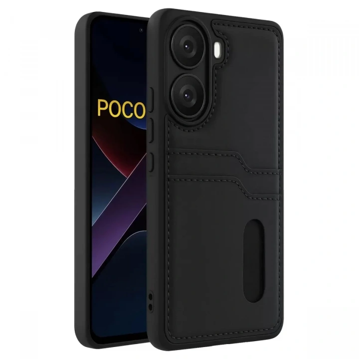 Mey İthalat®   Poco X7 Pro Kılıf Sara Kartvizitli Deri Kılıf - Siyah
