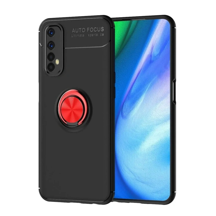 Mey İthalat®  Realme 7 Kılıf Range Yüzüklü Silikon - Siyah-Kırmızı