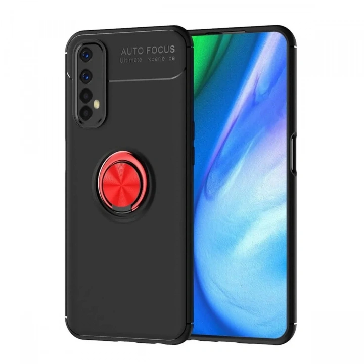 Mey İthalat®  Realme 7 Kılıf Range Yüzüklü Silikon - Siyah-Kırmızı