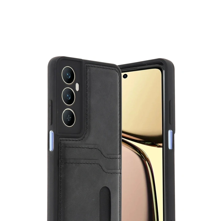 Mey İthalat®  Realme C65 Sara Kartvizitli Deri Kılıf - Siyah