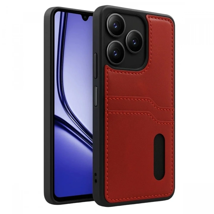 Mey İthalat®  Realme Note 50 4G Kılıf Sara Kartvizitli Deri Kılıf - Kırmızı