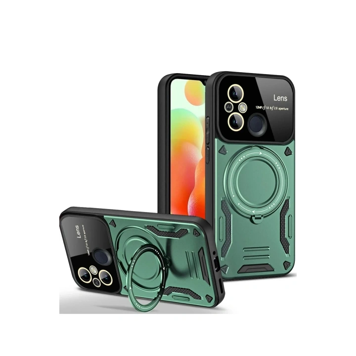 Mey İthalat®   Redmi 12C Kılıf Joy Lens Standlı Kapak - Koyu Yeşil