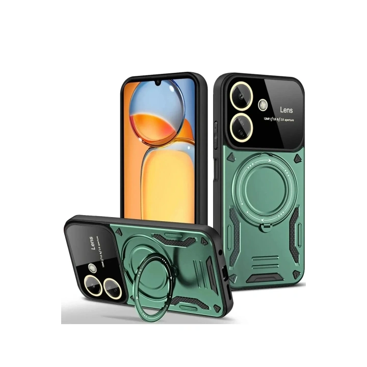 Mey İthalat®   Redmi 13C Kılıf Joy Lens Standlı Kapak - Koyu Yeşil