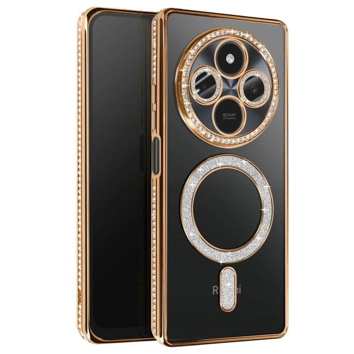 Mey İthalat®   Redmi 14C Joke Simli Magneticsafe Kılıf - Gold