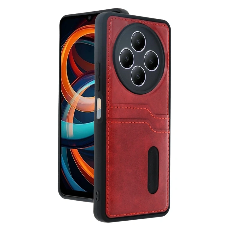 Mey İthalat®   Redmi 14C Kılıf Sara Kartvizitli Deri Kılıf - Kırmızı
