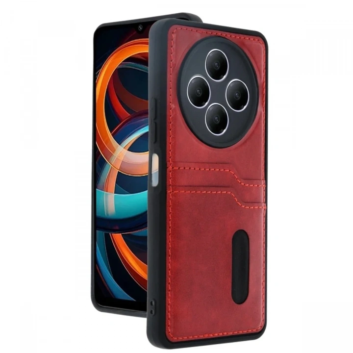 Mey İthalat®   Redmi 14C Kılıf Sara Kartvizitli Deri Kılıf - Kırmızı