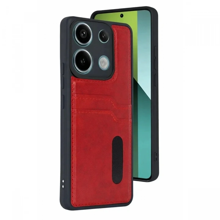 Mey İthalat®   Redmi 15C 4G Sara Kartvizitli Deri Kılıf - Kırmızı