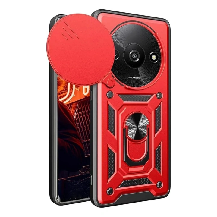 Mey İthalat®   Redmi A3 4G Kılıf Pars Lens Yüzüklü Silikon - Kırmızı