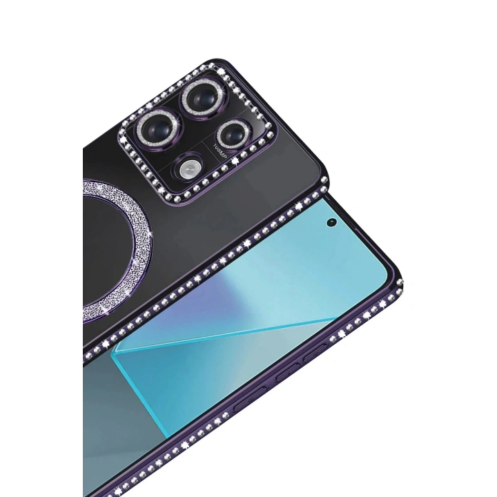 Mey İthalat®   Redmi Note 13 Pro 4G Joke Simli Magneticsafe Kılıf - Derin Mor