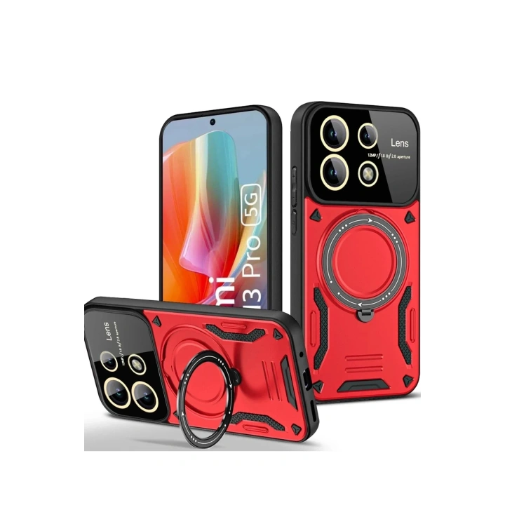 Mey İthalat®   Redmi Note 13 Pro 4G Kılıf Joy Lens Standlı Kapak - Kırmızı