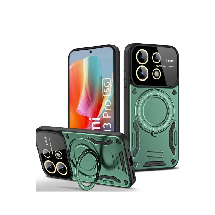 Mey İthalat®   Redmi Note 13 Pro 4G Kılıf Joy Lens Standlı Kapak - Koyu Yeşil