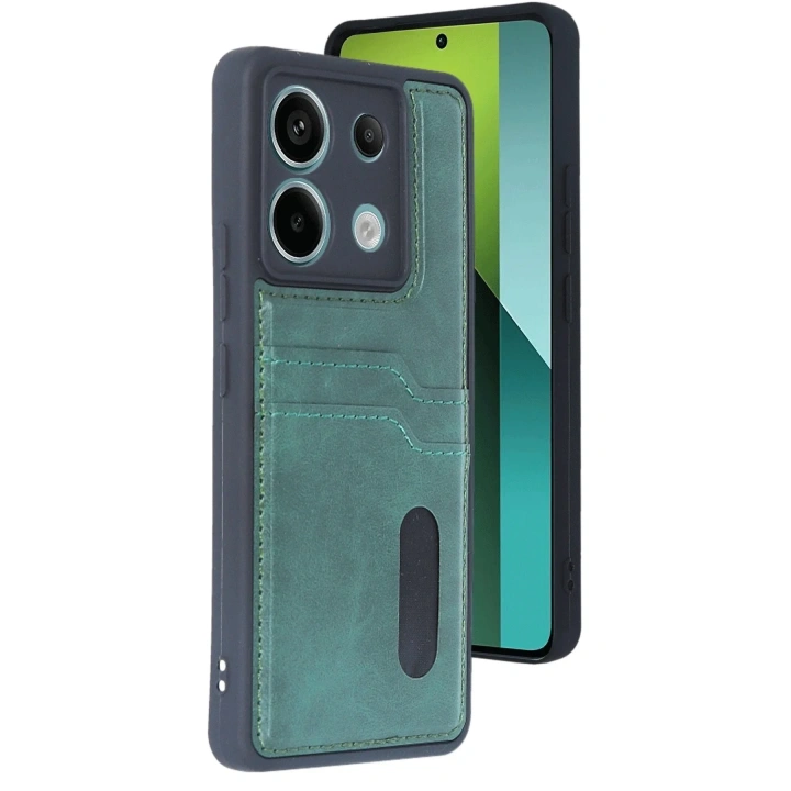 Mey İthalat®   Redmi Note 13 Pro 5G Kılıf Sara Kartvizitli Deri Kılıf - Koyu Yeşil