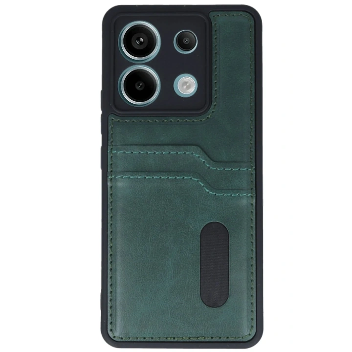 Mey İthalat®   Redmi Note 13 Pro 5G Kılıf Sara Kartvizitli Deri Kılıf - Koyu Yeşil