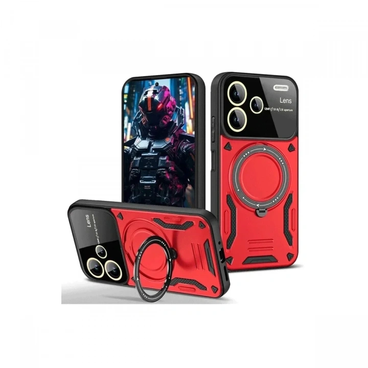 Mey İthalat®   Redmi Note 13 Pro Plus Joy Lens Standlı Kapak - Kırmızı