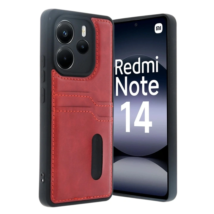 Mey İthalat®   Redmi Note 14 4G Kılıf Sara Kartvizitli Deri Kılıf - Kırmızı
