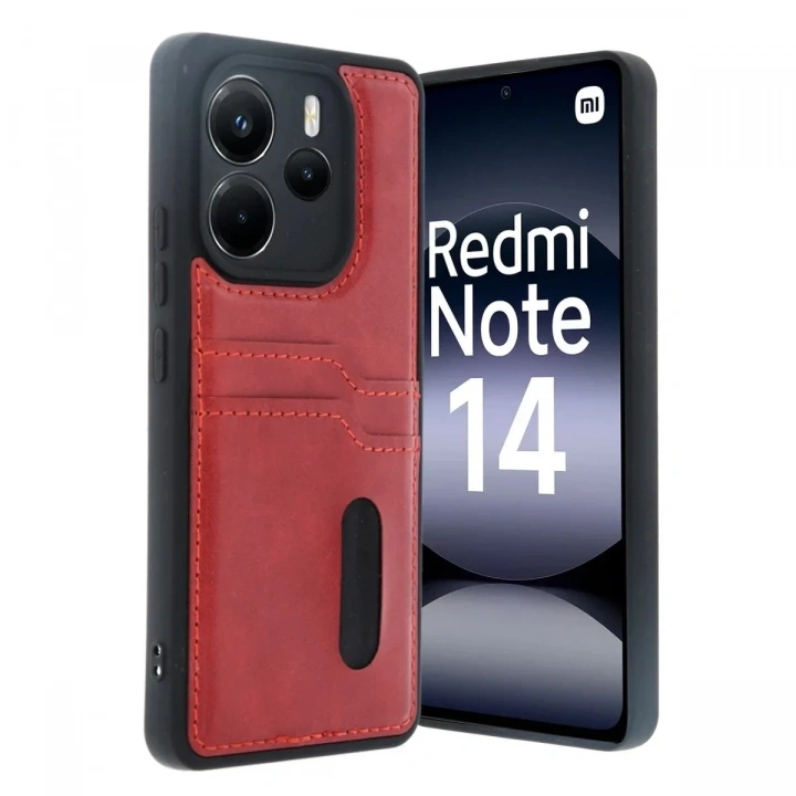 Mey İthalat®   Redmi Note 14 4G Kılıf Sara Kartvizitli Deri Kılıf - Kırmızı