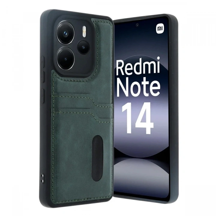 Mey İthalat®   Redmi Note 14 4G Kılıf Sara Kartvizitli Deri Kılıf - Koyu Yeşil