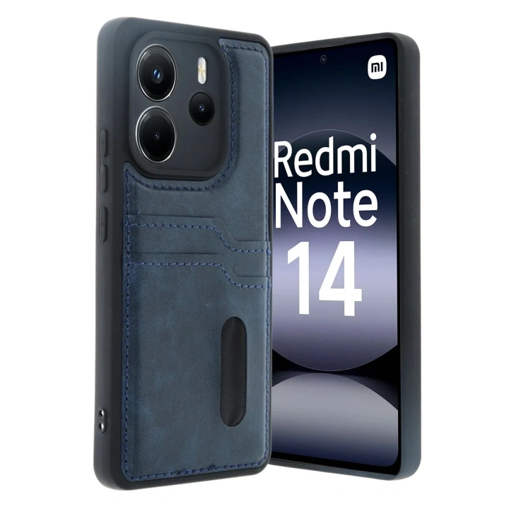 Mey İthalat®   Redmi Note 14 4G Kılıf Sara Kartvizitli Deri Kılıf - Lacivert
