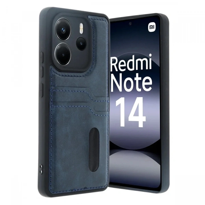 Mey İthalat®   Redmi Note 14 4G Kılıf Sara Kartvizitli Deri Kılıf - Lacivert