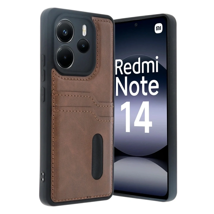 Mey İthalat®   Redmi Note 14 4G Kılıf Sara Kartvizitli Deri Kılıf - Taba