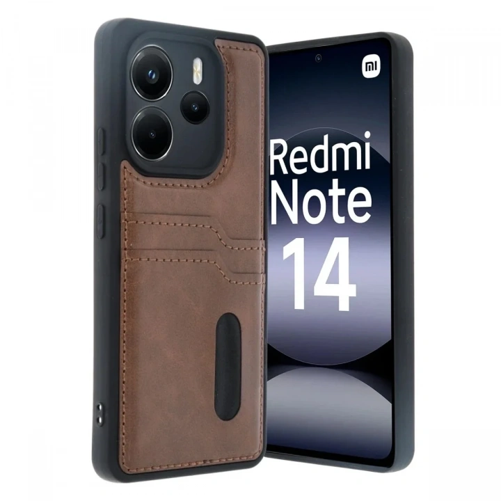 Mey İthalat®   Redmi Note 14 4G Kılıf Sara Kartvizitli Deri Kılıf - Taba